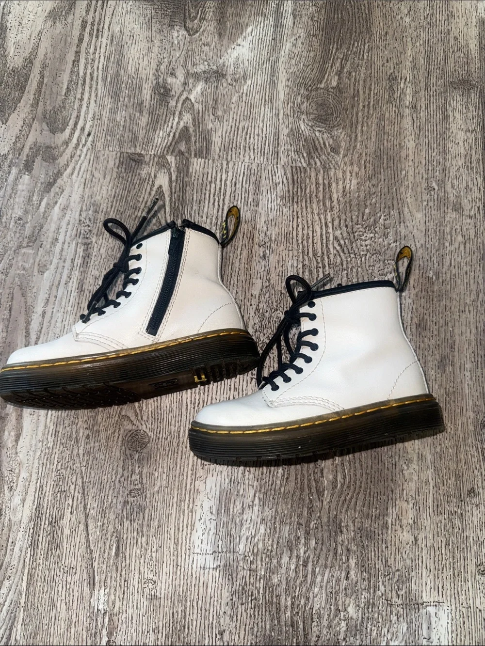 Dr. Martens White Boots with Black Trim and Yellow Stitching